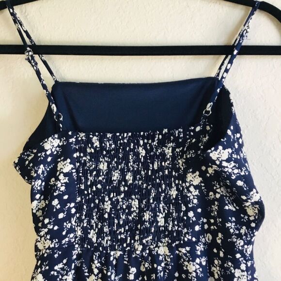 Navy blue white flower dress adjustable spherical strap mock wrap ruffles - Picture 5 of 7